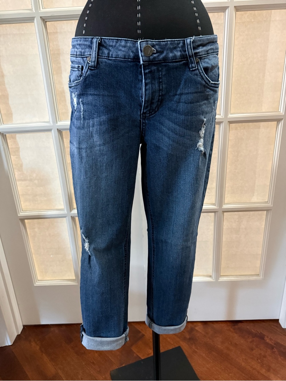 Kut from the Kloth Indigo Distressed Rolled Cuff Boyfriend Jeans